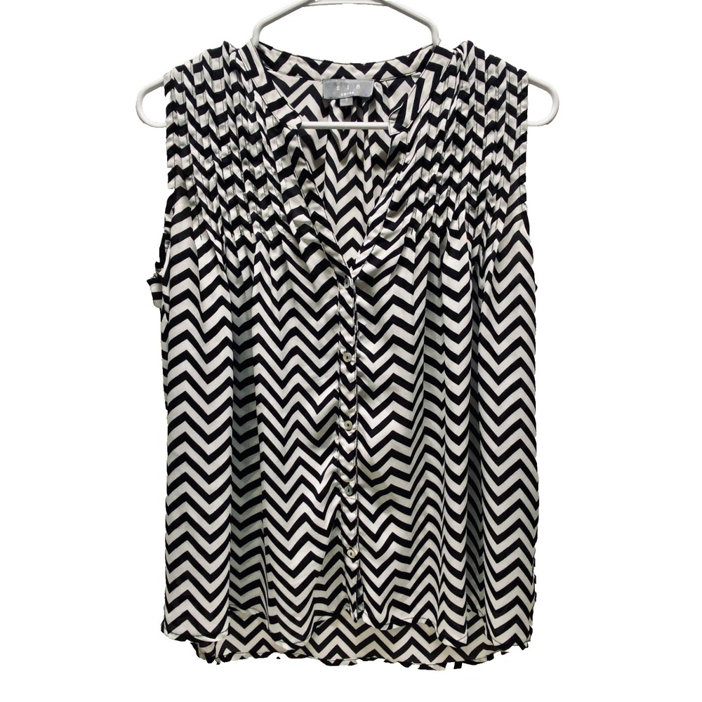 SIB Blouse Women's Small Black White Chevron Semi-Sheer Sleeveless Career Top GC